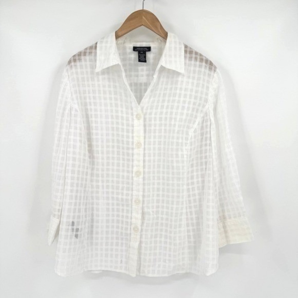 Jones New York White Sheer Grid Patterned Long Sleeve Button Up Shirt Women 2X